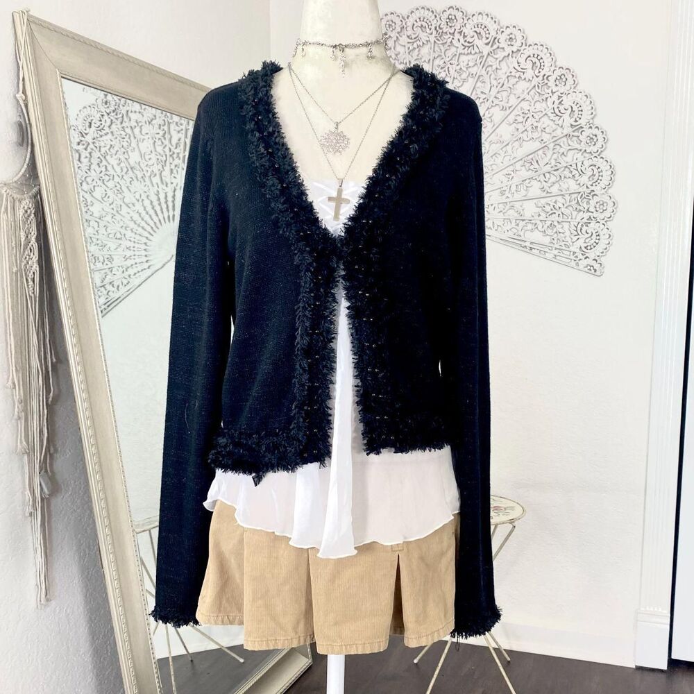 Jones Wear Early 2000's Black Knit Fuzzy Faux Fur Trim Beaded Cardigan S